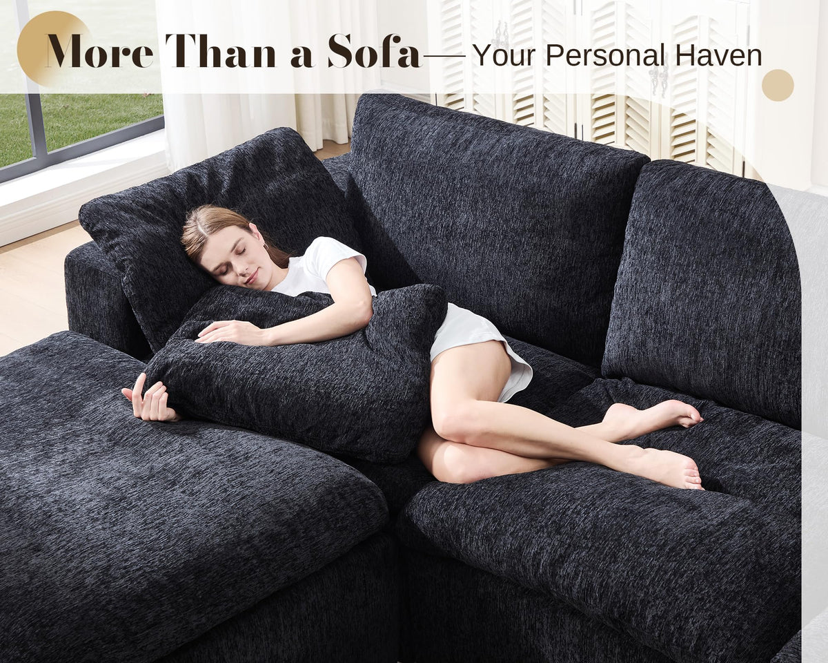 120" Cloud Modular Sectional Sofa, No-Assembly Chenille Couch, Black