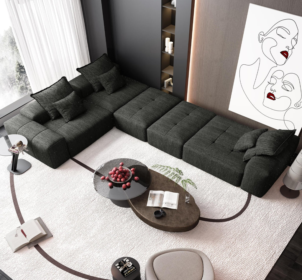 Tidyard Modern Sofa with 6 Pillows, Sparkling Chenille Fabric, No Assembly Required, Black
