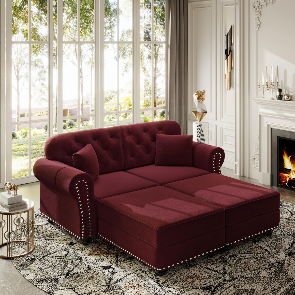 Velvet Chesterfield Sofa with Rolled Arms & Nailhead Trim, Modular Sectional Sofa Couches, Modern Cloud Sofa with Button Tufted, for Living Room, Bedroom, Small Space (Burgundy, 2 Seat+2 Ottoman)