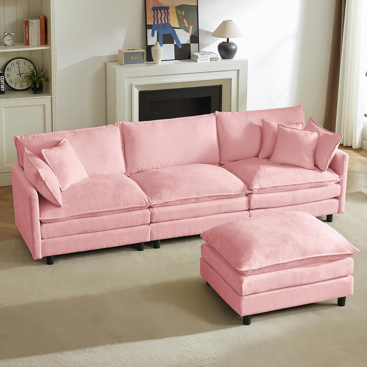 106" U-Shape Modular Sofa w/Ottoman, 4-Seater Chenille Cloud Couch, Coffee