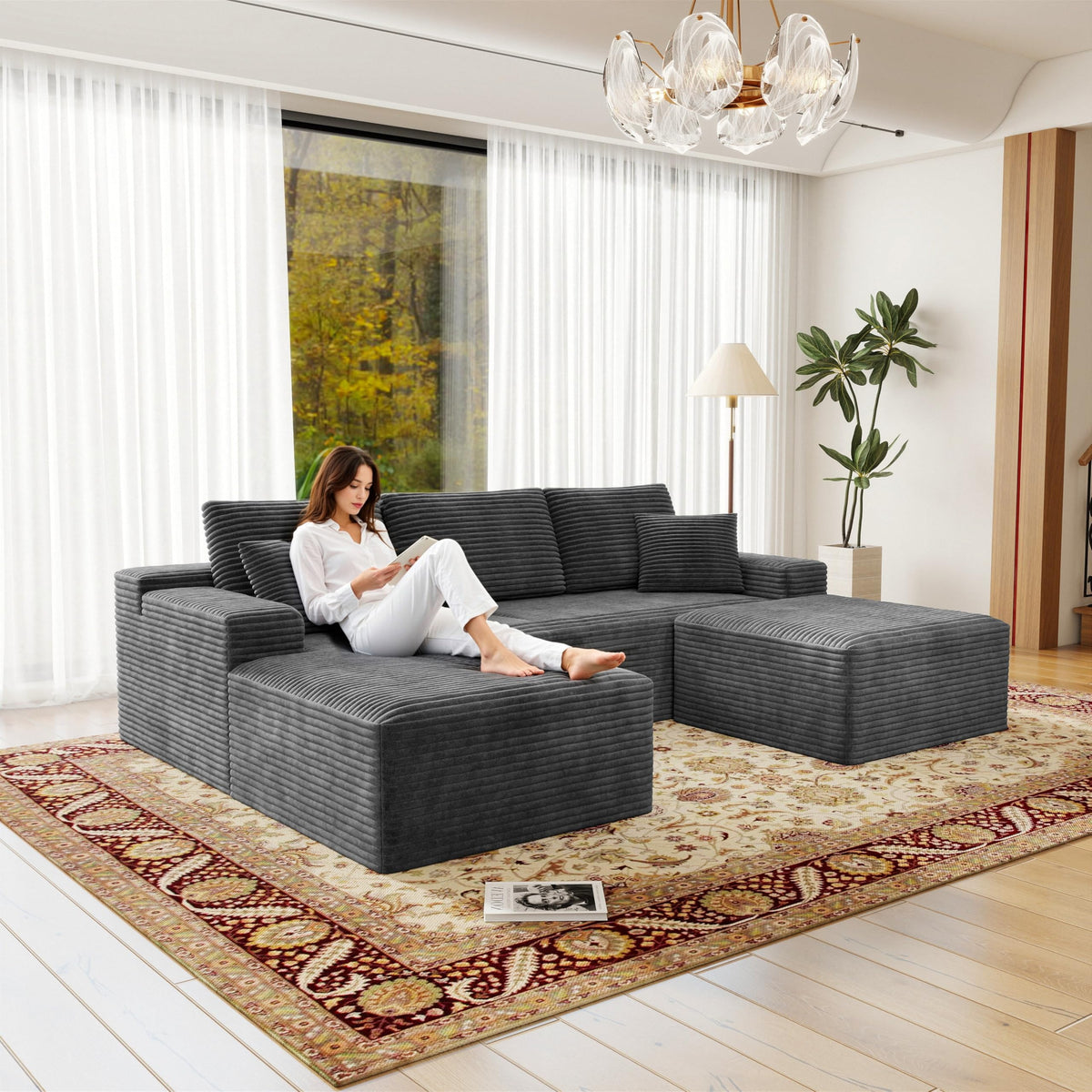 104.3 * 70.8" Modular sectional Sofa seat,Upholstered Compressed Couch for Living Room,Bedroom,Apartment,No Assembly Required,3 PC Free Combination,Plush Corduroy Fabric,Grey LL851