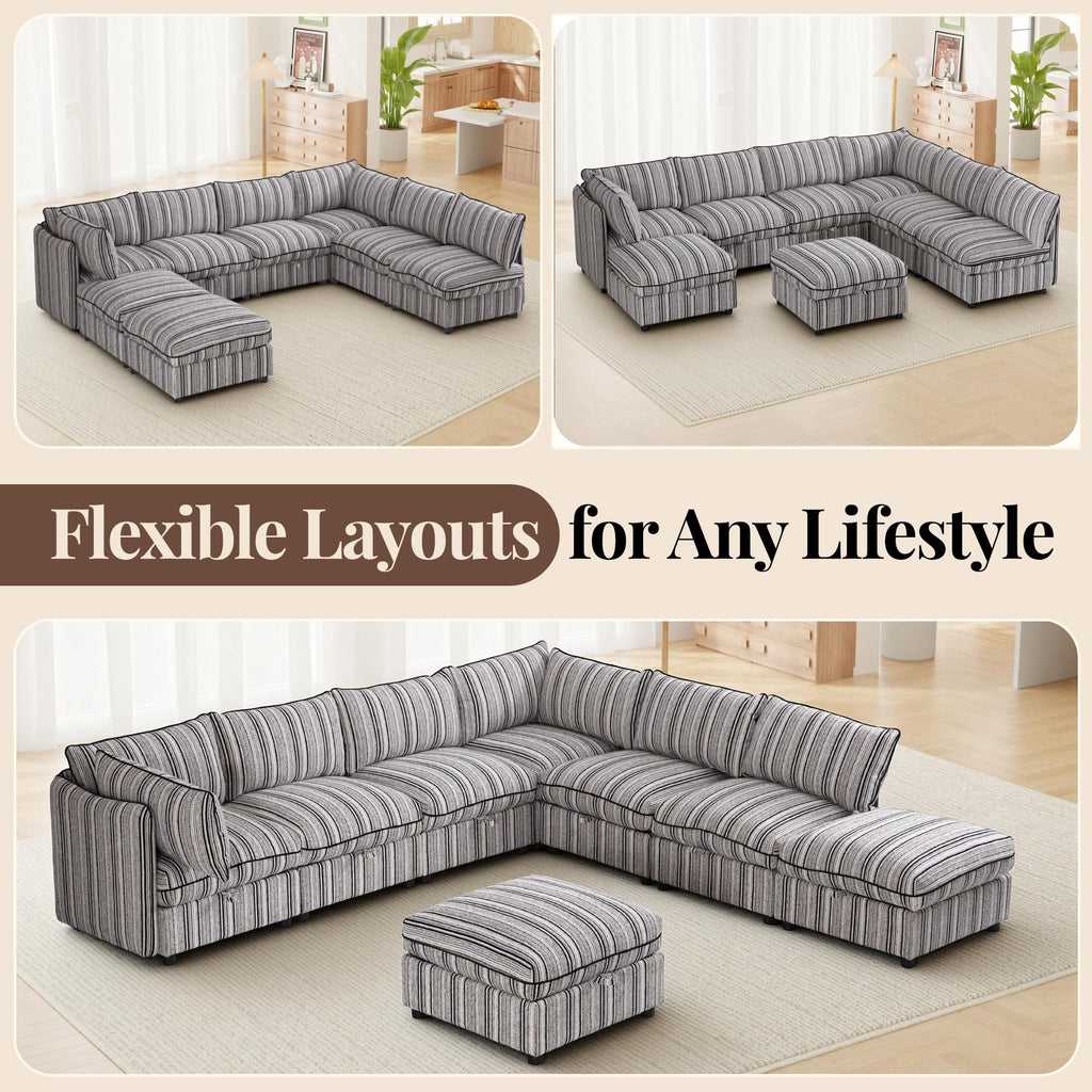 125" Modular Sectional Couch with Hidden Storage, Convertible L U Shaped Sleeper Sofa Bed with Stripe Pattern, 8 Seat Modular Sectional Couch with Ottoman Chaise & Removable Covers for Living Room