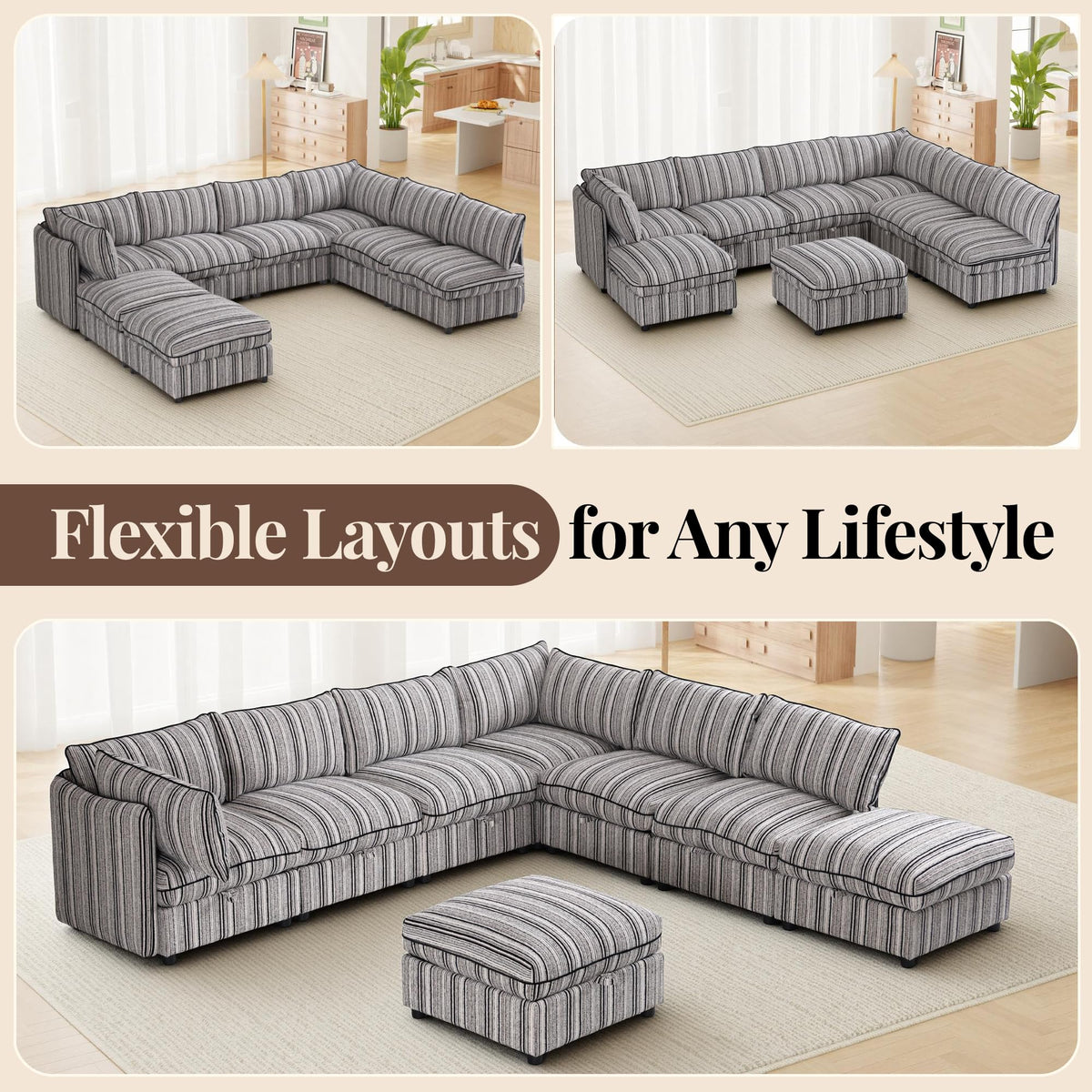 125" Modular Sectional Couch with Hidden Storage, Convertible L U Shaped Sleeper Sofa Bed with Stripe Pattern, 8 Seat Modular Sectional Couch with Ottoman Chaise & Removable Covers for Living Room