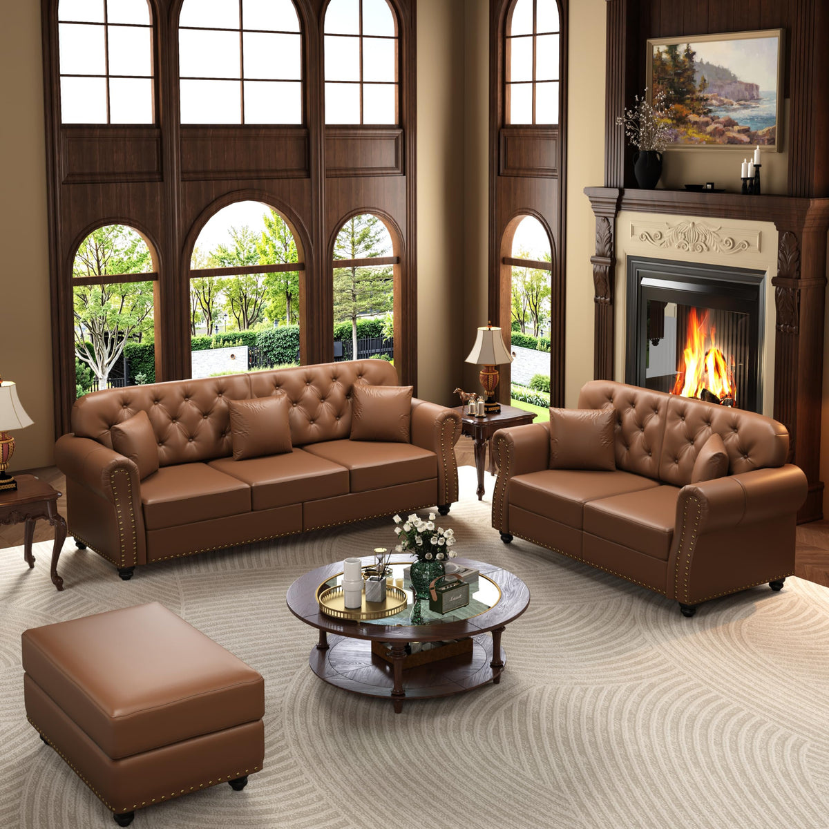 Velvet Chesterfield Sofa with Rolled Arms & Nailhead Trim, Modular Sectional Sofa Couches, Modern Cloud Sofa with Button Tufted, for Living Room, Bedroom, Small Space