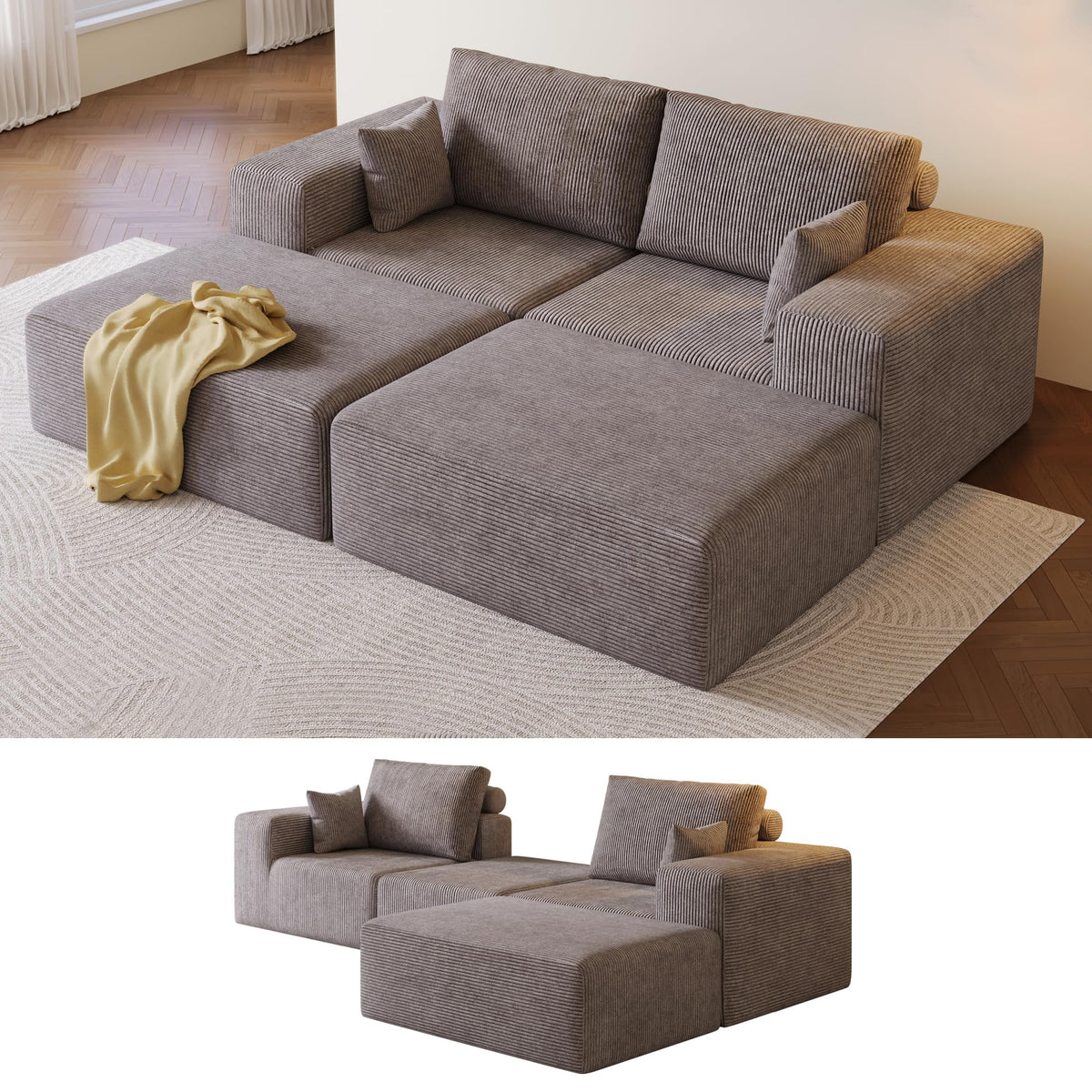 109" L-Shaped Corduroy Oversized Sectional Sofa w/Ottoman, Brown