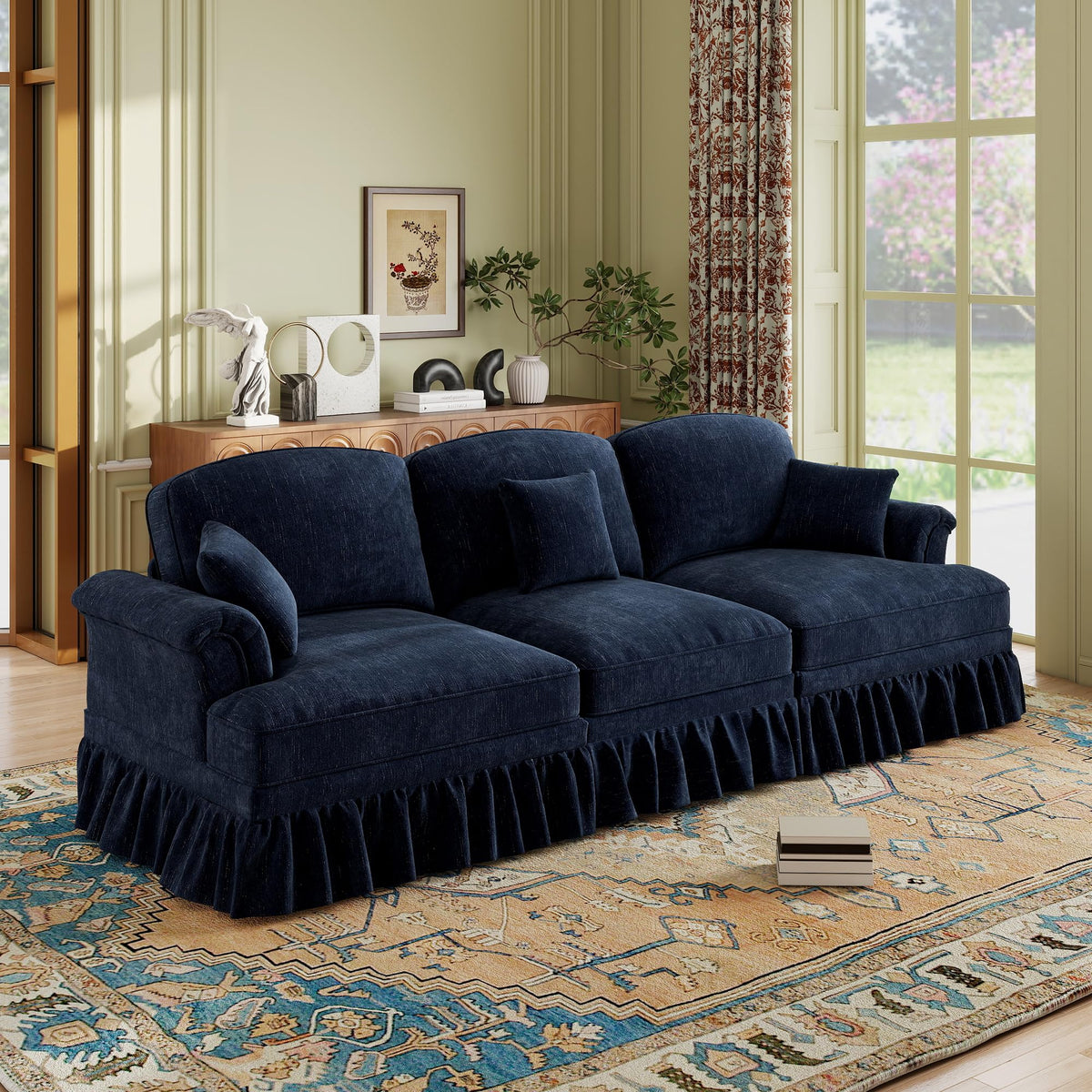 107'' Modern Sectional Sofa, Upholstered U-Shaped Couch with Removable Ruffles Pleats Skirts, Silver Chenille Cloud Couch, Ottoman, Flared Arms, 4-Seat Couches for Living Room, Bedroom, Camel