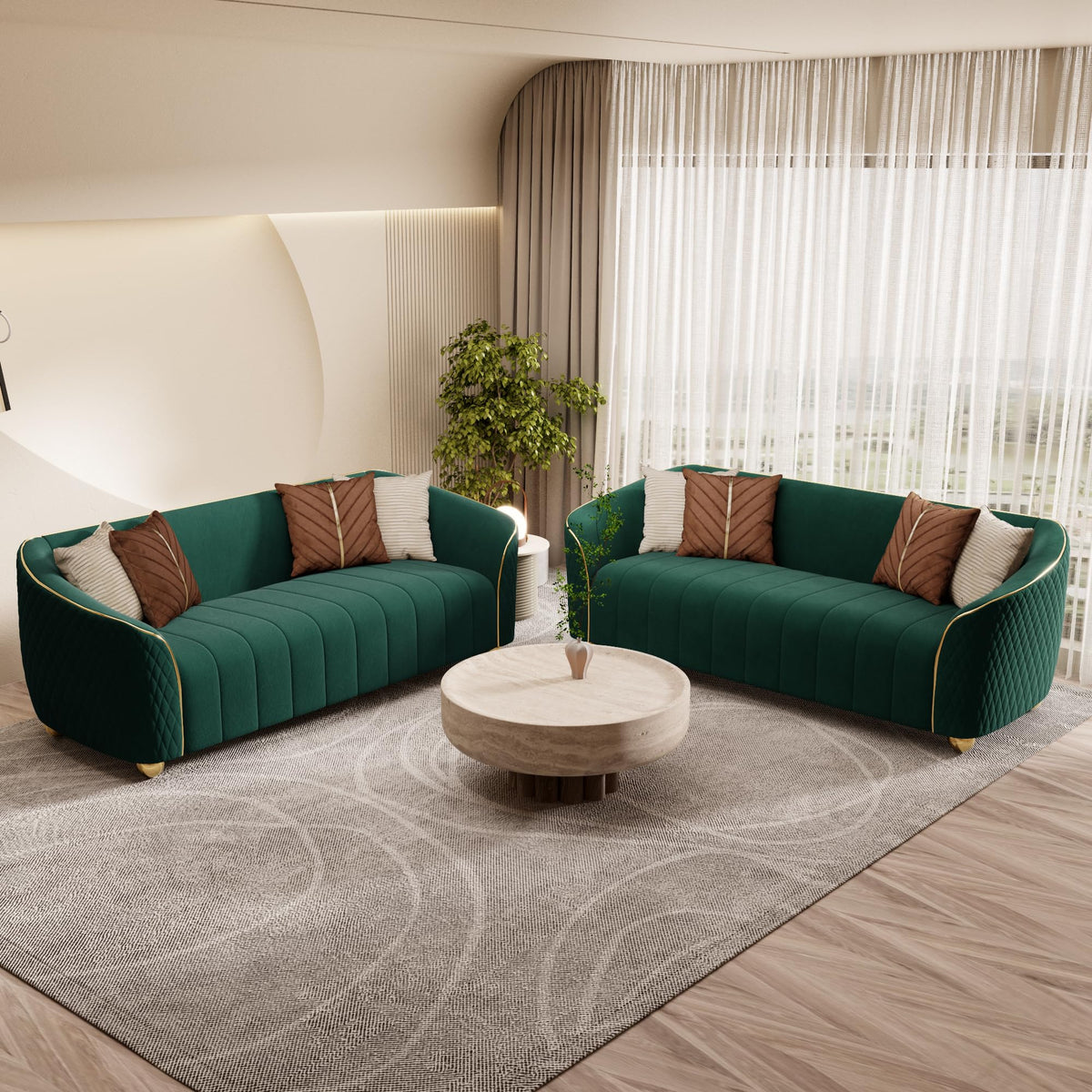 1-Piece Luxury Velvet Sofa Set for Living Room, Elegant Design Couch Set with Curved Armrests and Gold Edge Trim, Tufted Upholstered Couch with Gold Metal Legs (Green, 3 Seater)