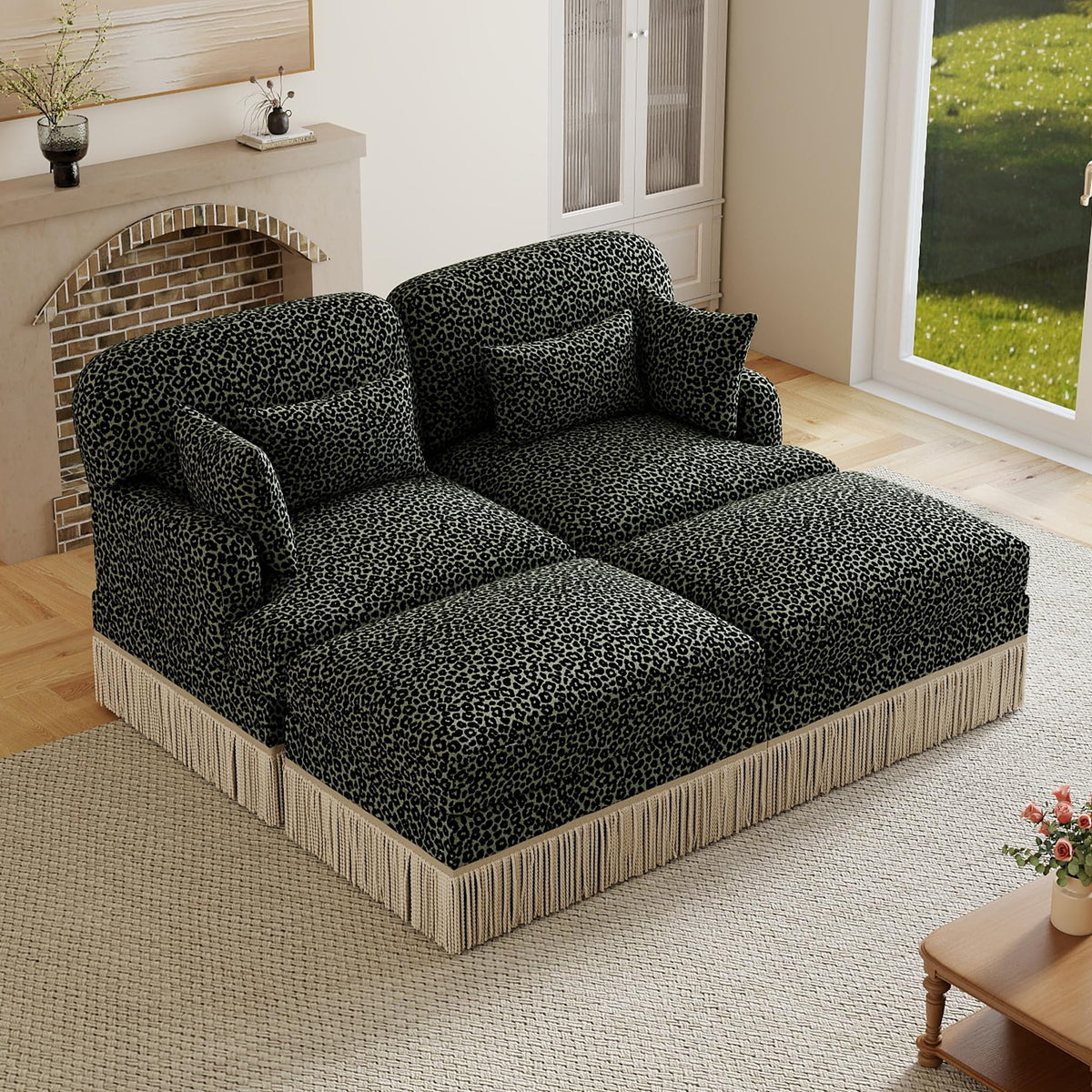100" Leopard Print Chenille Modular Sectional Sofa with Tassels, L-Shaped Deep Seat Cloud Couch with Ottomans for Living Room, BGE-KHK