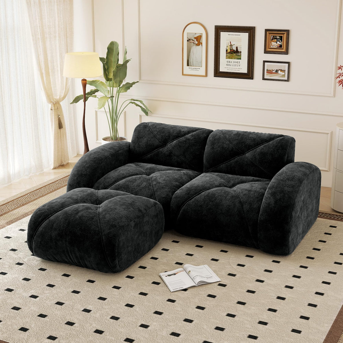 110.6" U Shaped Boneless Couch with Ottoman, Convertible Modular Sectional Cloud Sofa, Deep Seat 5 Seater Velvet Couch, 32D High Density Foam Sofas for Living Room, No Assembly Required, Camel