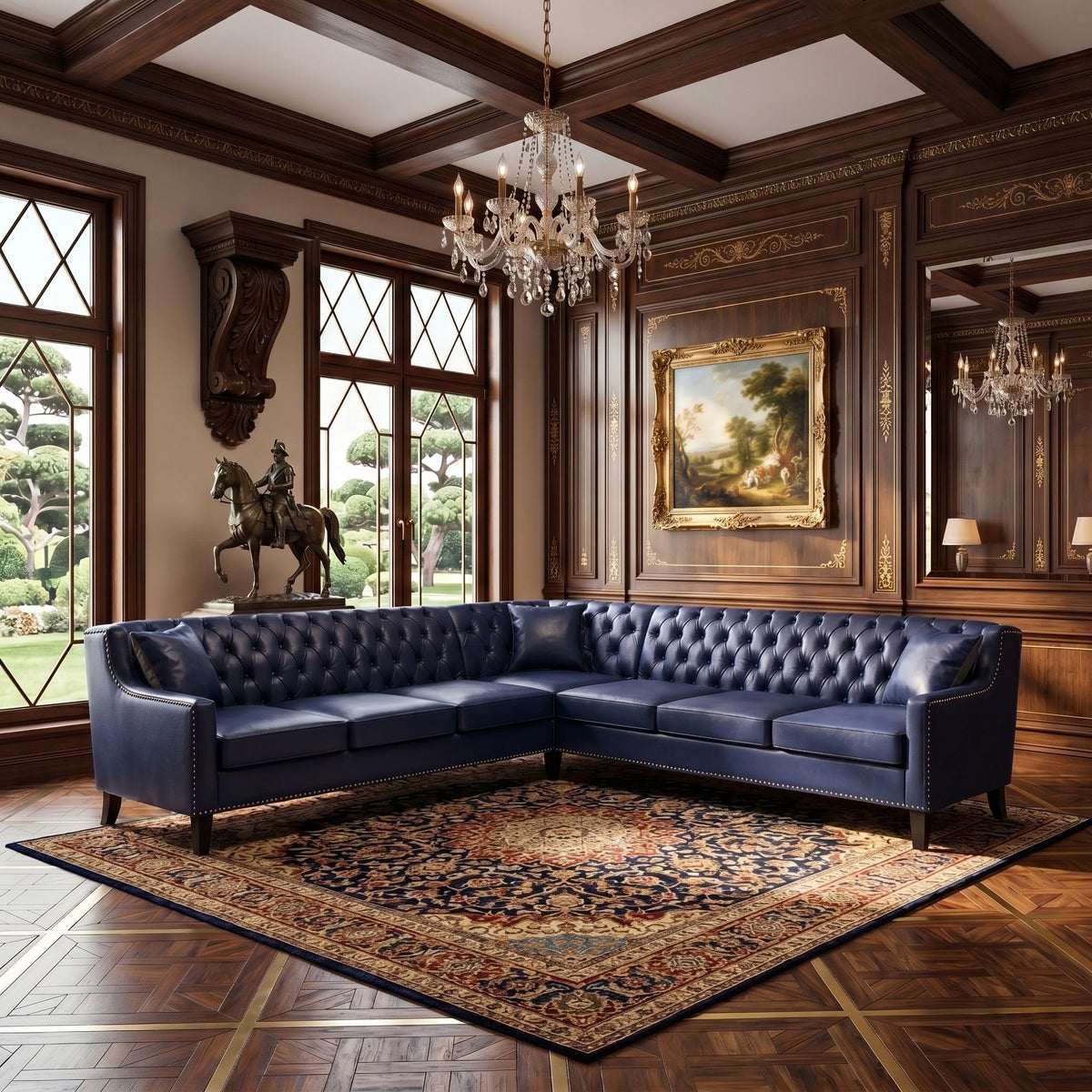 103" Chesterfield Sectional Sofa,Faux Leather Upholstered Couch,Mid-Century Style Oversized 7-Seat Button Tufted Corner Couch with Nailhead Trim,Modern L Shaped Couches for Living Room,Brown