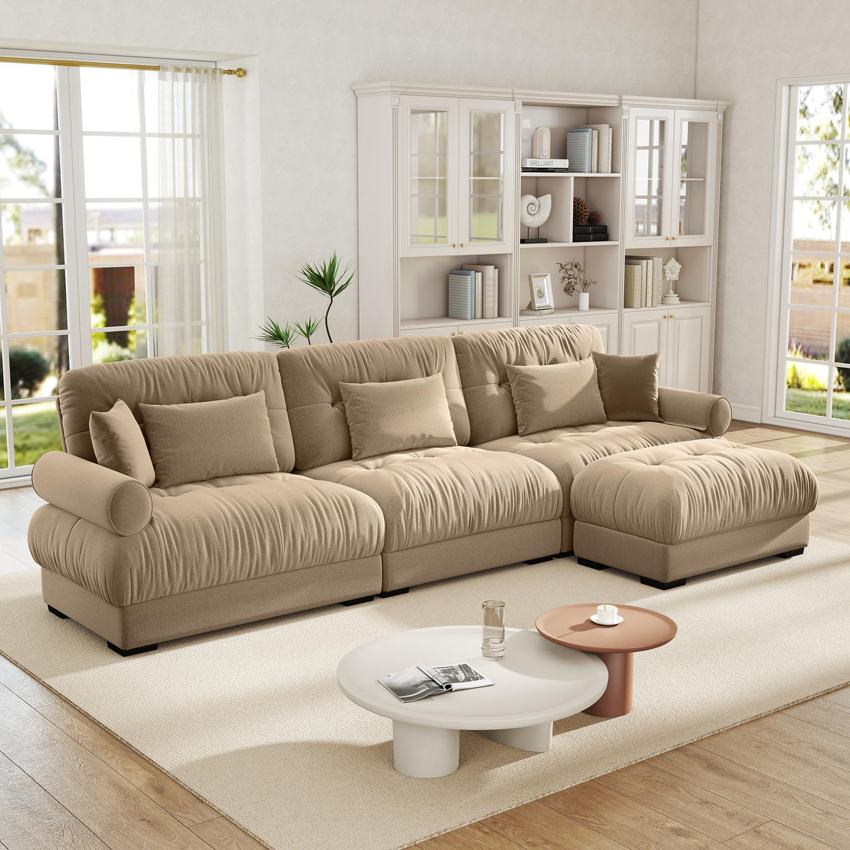 Velvet Modular Sectional Sofa,130" W Oversized U Shape Cloud Couch with 2 Ottomans,Free Combined 3 Seater Comfy Sofa with Bolster Armrest Pillows,Green for Living Room