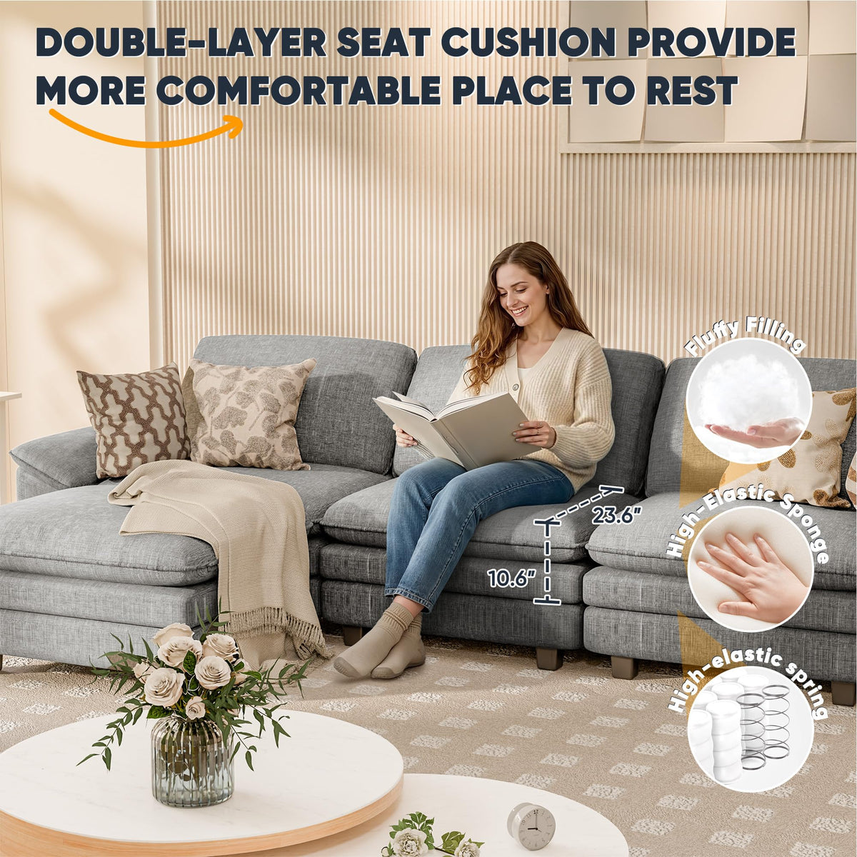YESHOMY 4-Seat Linear Cloud Modular Sofa, Deep Seat Couch with Ottoman