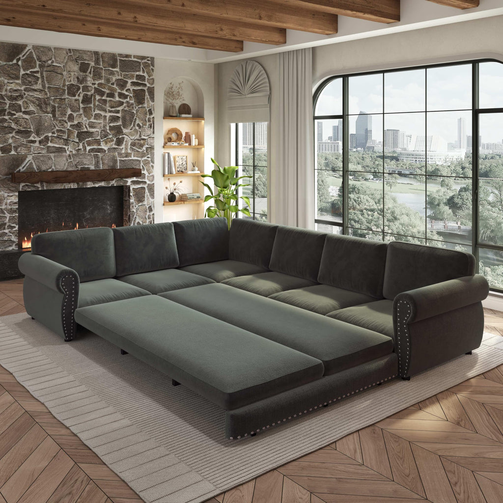 118'' Pull Out Couch, Convertible Sleeper Sofa Bed, Upholstered Sectional Sofa, Chenille L-Shaped Couch with Nailhead Trim, Modern Sectional Couches for Living Room, Apartment, Dark Grey