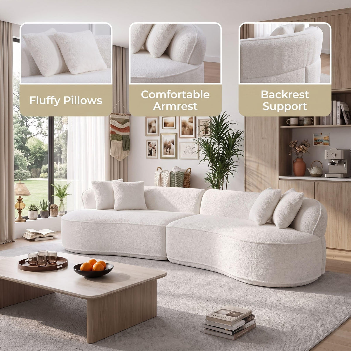 114" Curved Oversized Sectional Sofa,Modern Sherpa 4-Seater Extra Deep & Wide Seat Cloud Couch with 4 Throw Pillows,couches for Living Room&Apartment,No Assembly Required,White