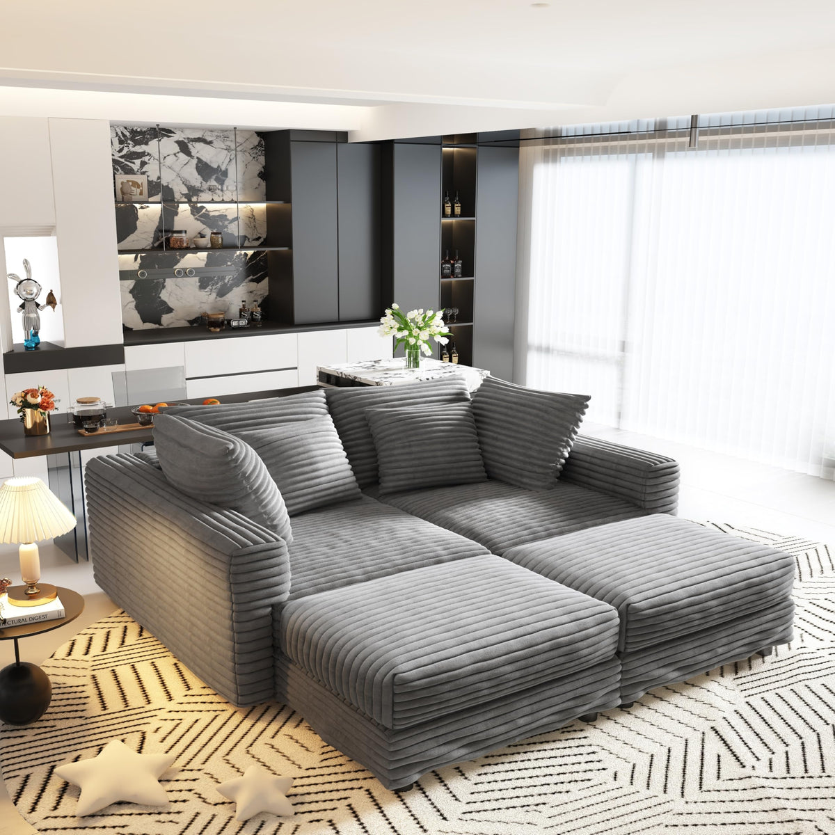 102.4" 4-Seat Corduroy Sofa with 3 Ottomans, Gray