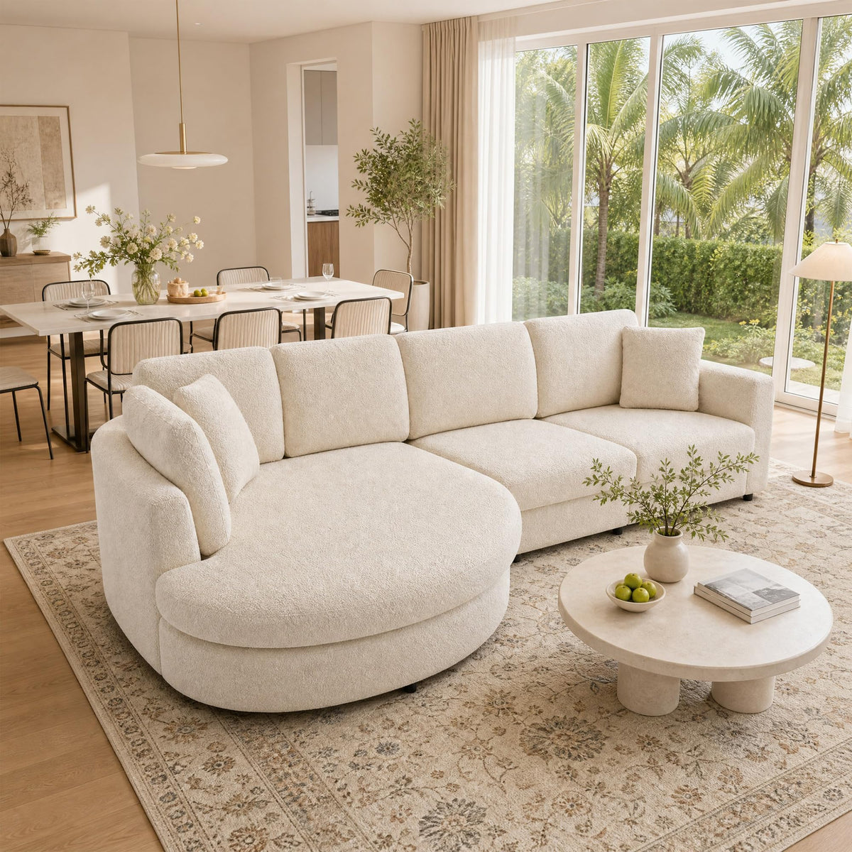XVD 126.6" Modern Curved Couches for Living Room, Oversized Sectional Cloud Couch with 51" Large Round Chaise, 4 Seater Deep Seat Couch with 2 Pillows, Fabric L Shaped Sofa for Apartment (Beige)