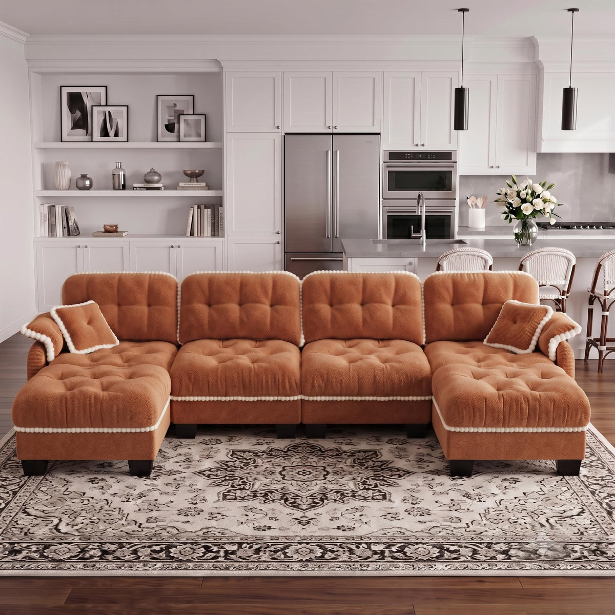 100.7" Chenille Cloud 3-Seater Sofa, Tufted Deep Seat Couch with Pom-Pom Trim & 4 Pillows, Ergonomic Easy Assembly Modular Sofa for Living Room & Apartment（Green ）