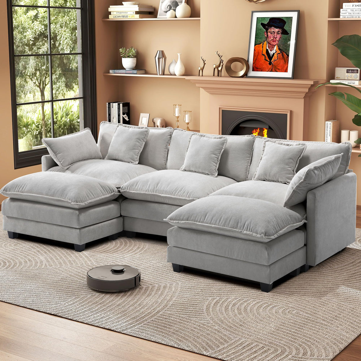 Urhanherry 111.4” L Shape Cloud Couch, Modular Sectional Sofa with Movable Ottoman, 3-Seater Chenille Couches Deep Seat with Throw Pillows for Living Room Apartment （Grey）