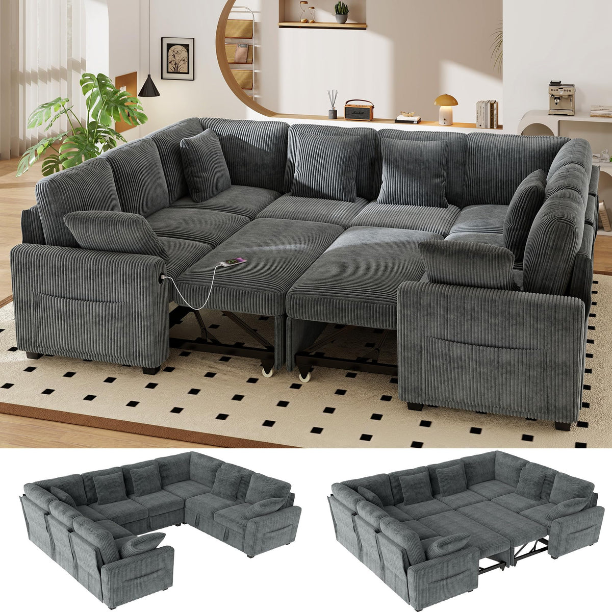 WorthFurni 104" Oversized 6 Seat L Shaped Sectional Sofa, Corduroy Convertible Couch with Pull Out Bed, Movable Storage Ottoman, USB Port, 2 Pillows & Storage Pocket for Living Room（Gray）