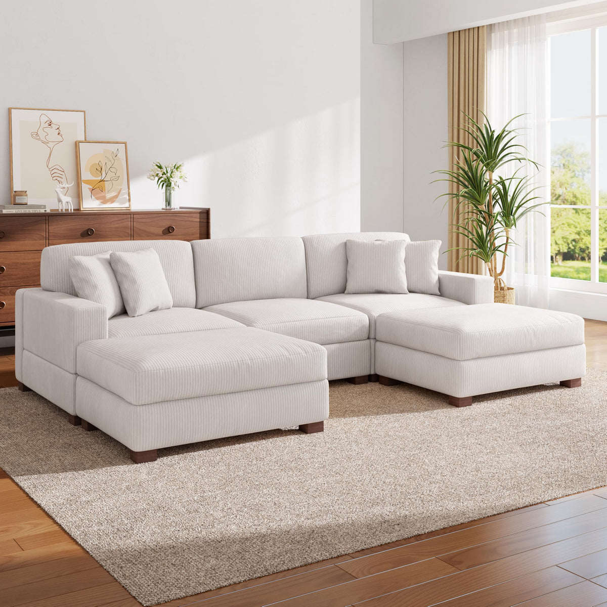118.3" L-Shaped Modular Sectional Sofa with Chaise, Comfy Corduroy Fluffy Couch with Deep Seat, Flexible Module Combination for Living Room, Cotton Flannel Light Brown