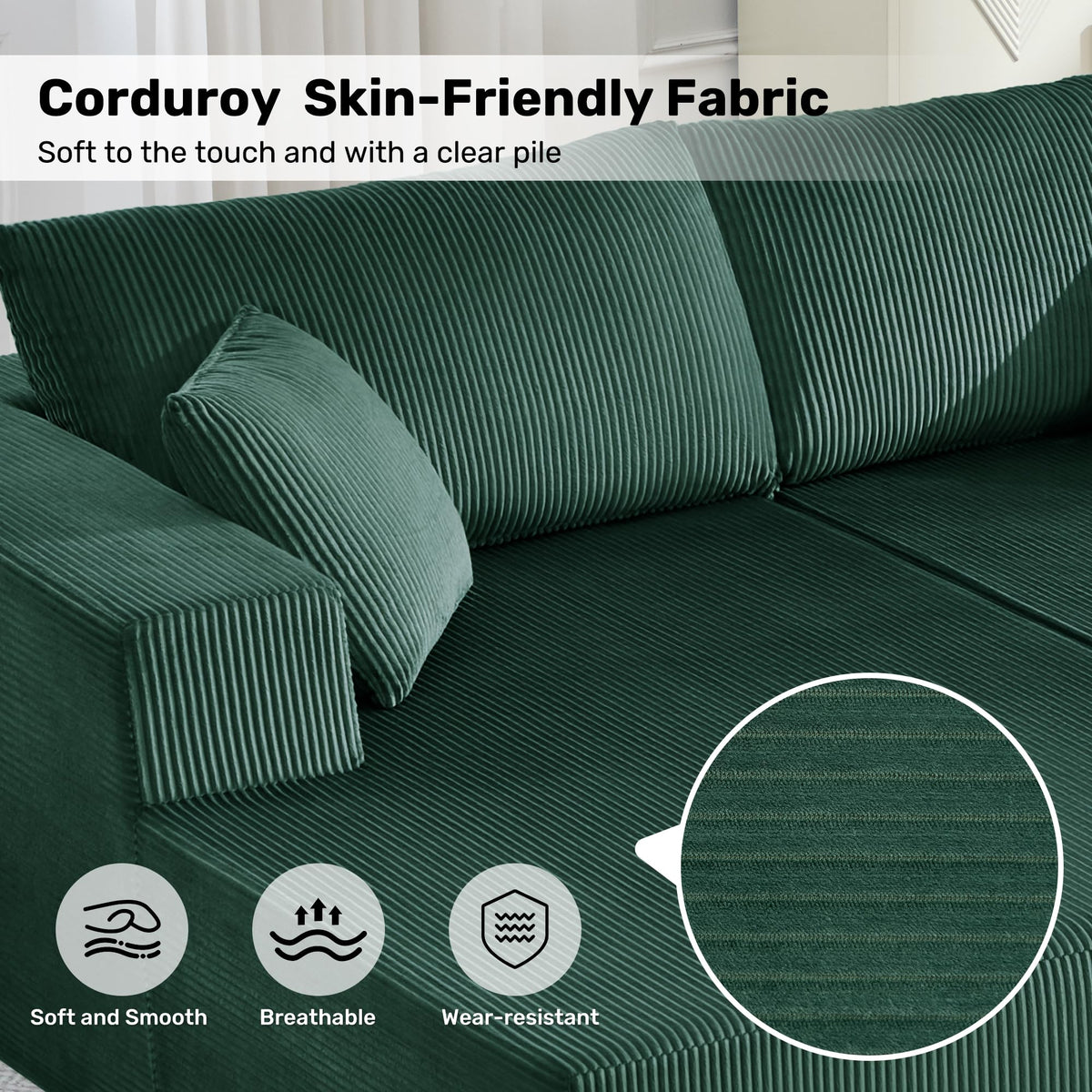 U-Shape Sectional Couch for Living Room,4 Seater Boneless Sofa Couch for Living Room Bedroom Apartments,146" Modular Sectional Corduroy Couch with Deep Seat,No Assembly Green