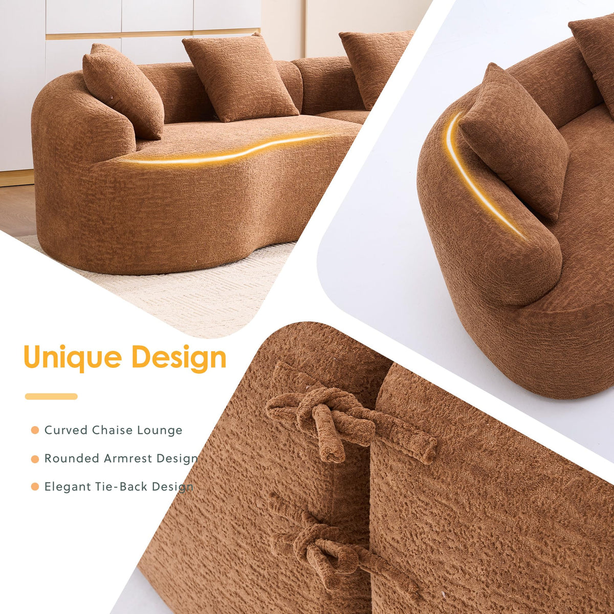 110.2" Boneless Curved Modular Sofa, Modern S-Shaped Chenille Upholstered Couch with 4 Pillows, Spring & Foam Support Soft Packed Sofa for Small Space Living Room, Home Decor (Caramel, 4)