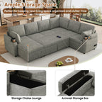 109.9" U-Shaped Sectional Sofa Bed Light Grey, Convertible Sofa with Storage Chaise, Built-in Cup Holders & Charging Ports, Chenille Fabric Living Room Furniture