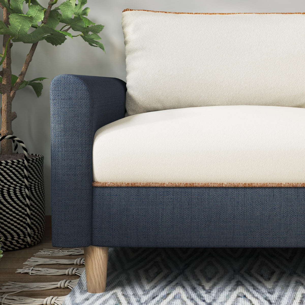 119" Dark Blue Cream L Shaped Sectional Sofa Chaise Lounge, Detachable Covers, Solid Wooden Legs, 3 Seater Cozy Sofa SJ879