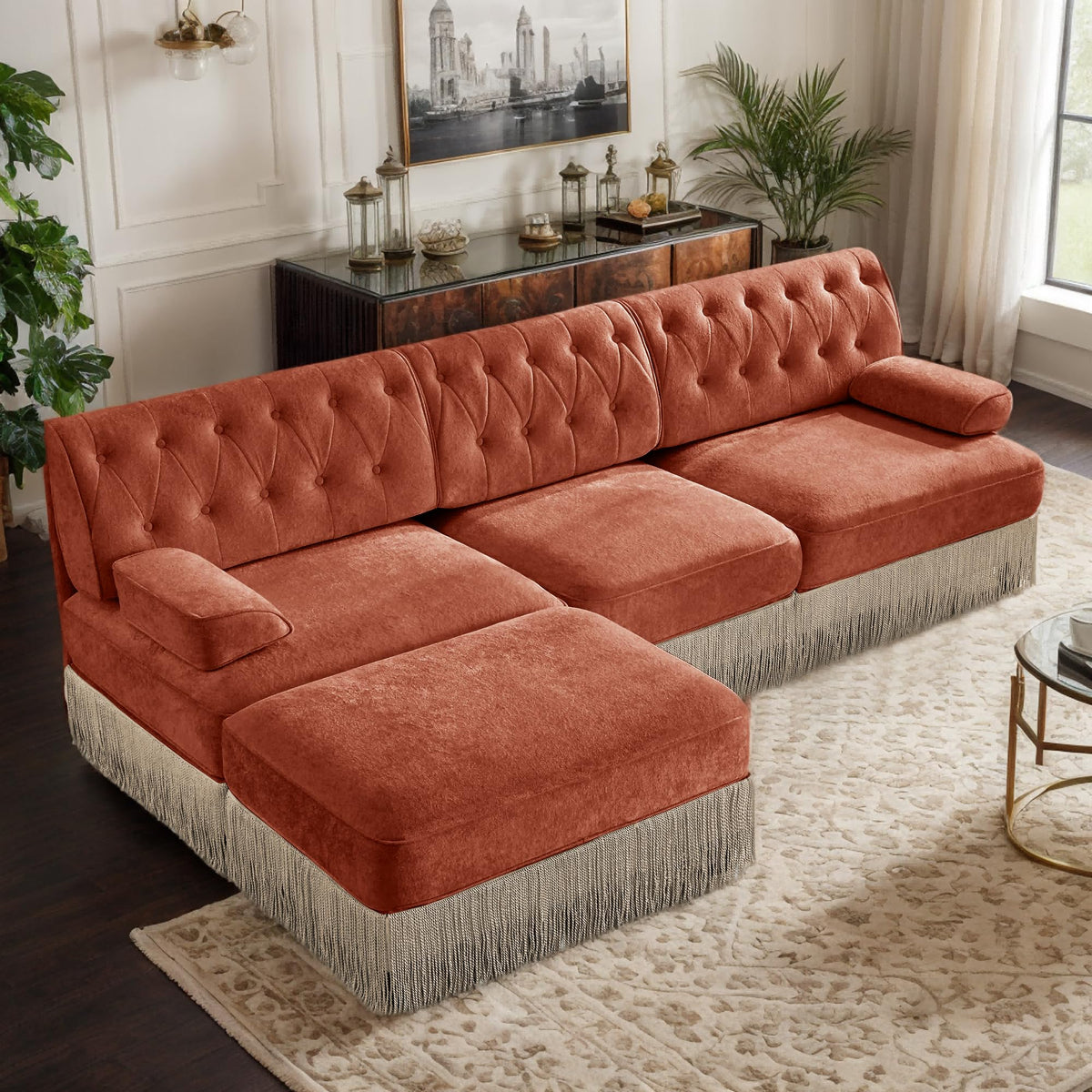 106'' Modern Chesterfield Style 3-Seater Sofa with 2 Ottoman, Upholstered Velvet Modular Sectional Sofa with Button Tufted, U Shape Deep Seat Cloud Sectional Couches for Living Room (Green)