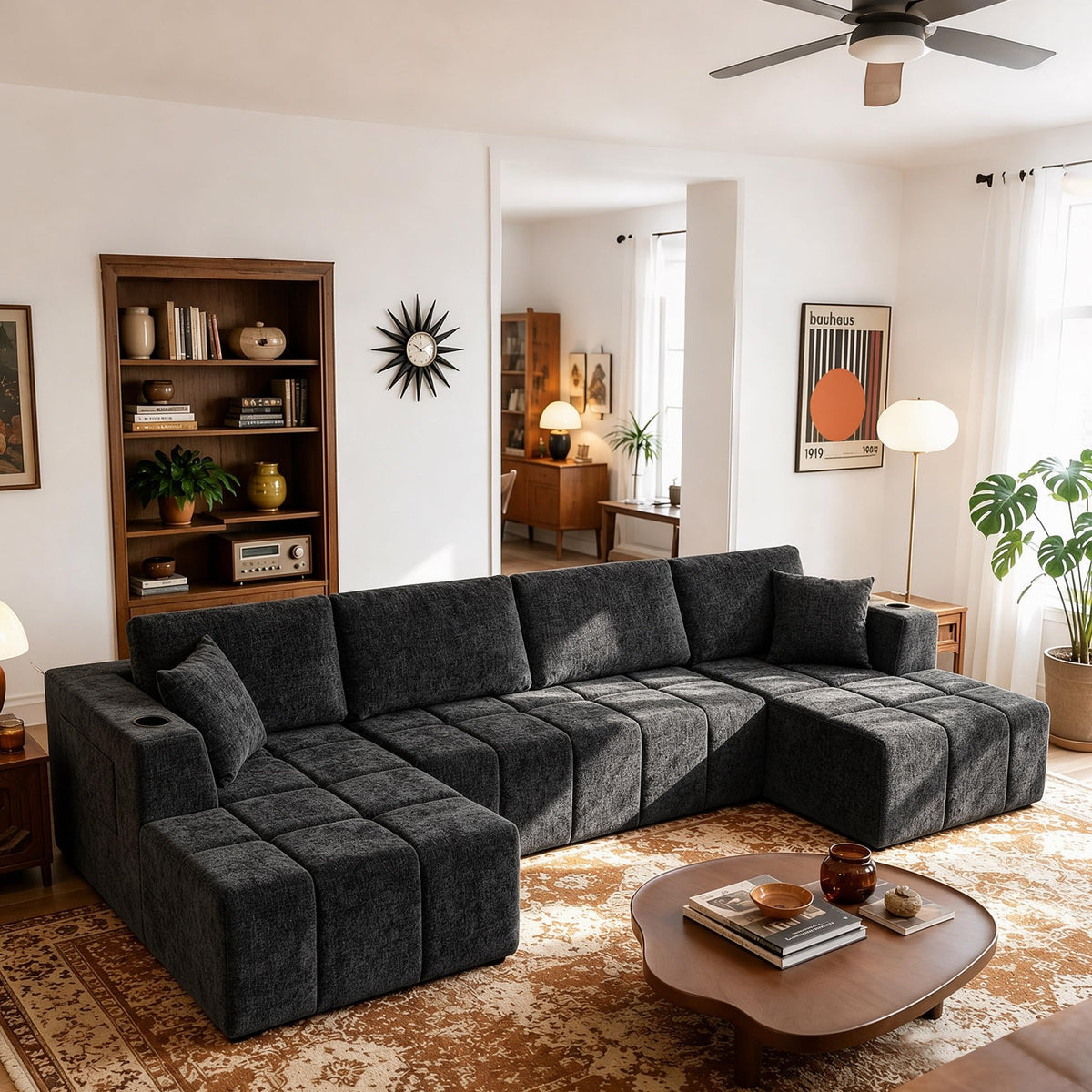 132" U Shaped Couch, Oversized Modular Sectional Sofa with Double Chaise, Deep Seat Convertible Chenille Cloud Couch with Cup Holders and Storage Pockets for Living Room, Black