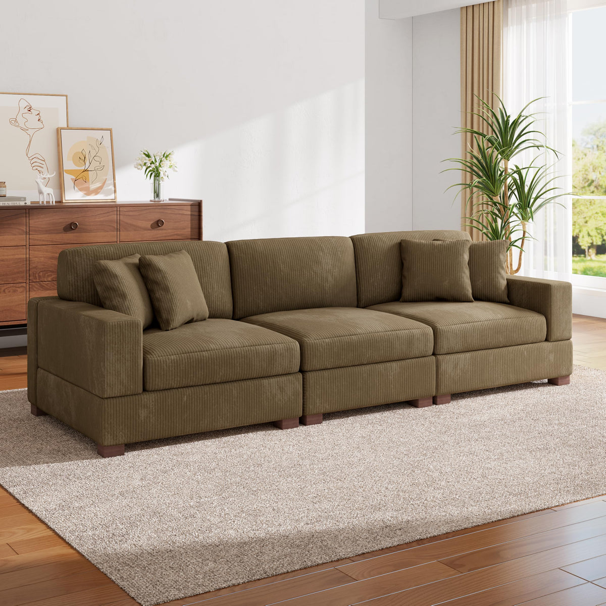 118.3" L-Shaped Modular Sectional Sofa with Chaise, Comfy Corduroy Fluffy Couch with Deep Seat, Flexible Module Combination for Living Room, Cotton Flannel Light Brown