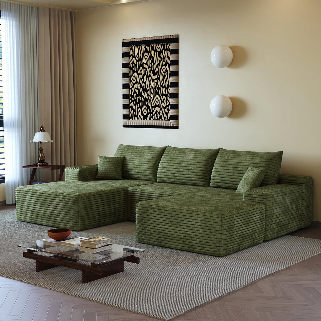 107" Plush Corduroy Deep Seat Chaise Lounge Indoo, Modern Boneless Compressed Floor Sectional Sofa with High-Resilience Foam, Free Combination Modular Cloud Sectional Sofa for Living Room, Green
