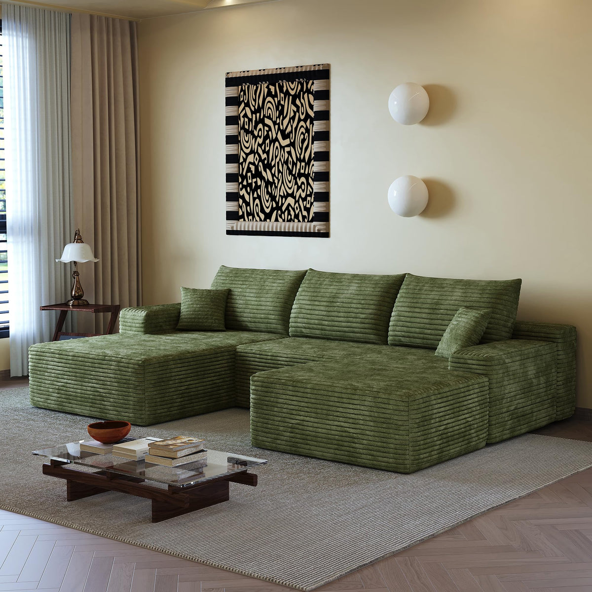 107" Plush Corduroy Deep Seat Chaise Lounge Indoo, Modern Boneless Compressed Floor Sectional Sofa with High-Resilience Foam, Free Combination Modular Cloud Sectional Sofa for Living Room, Green
