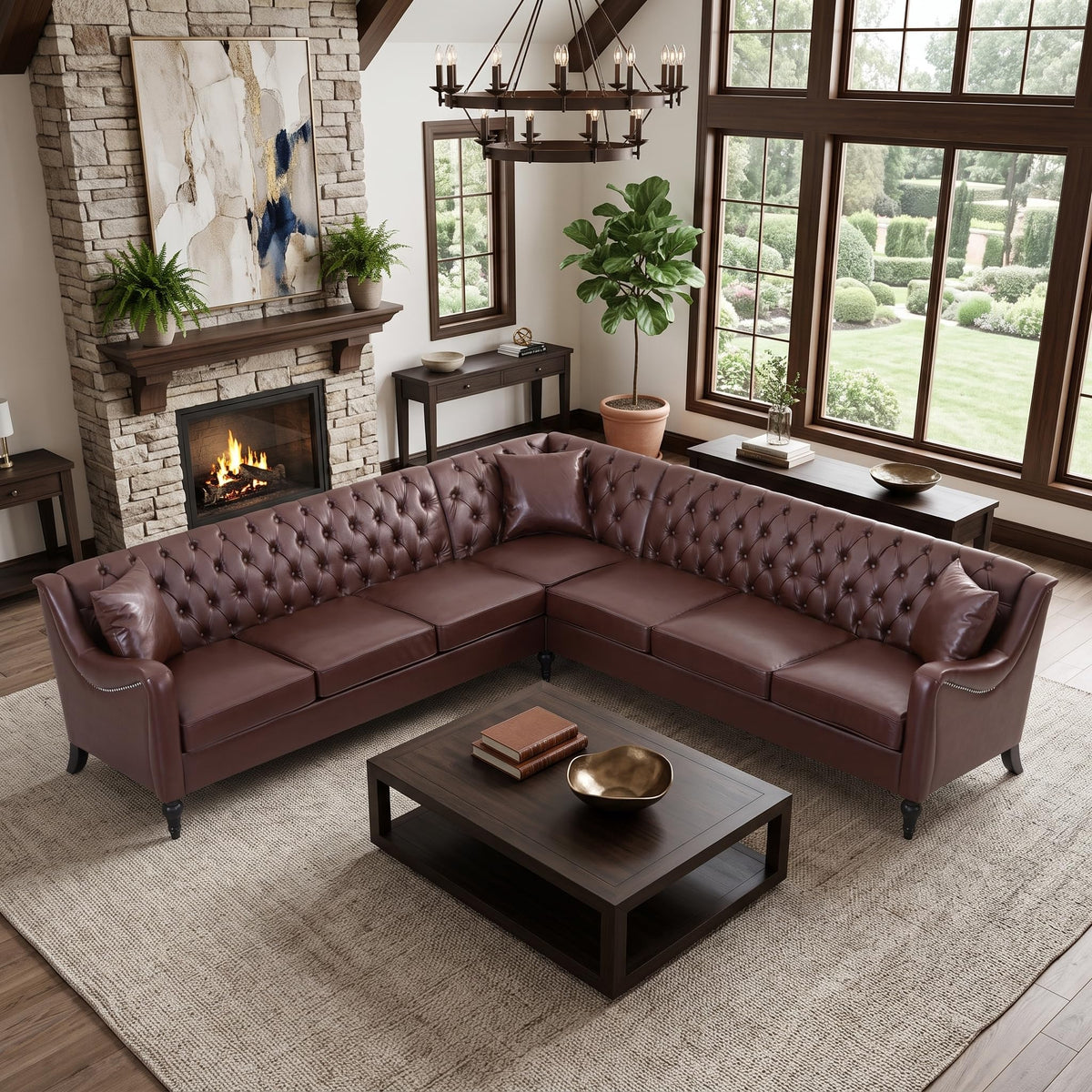 103" PU Leather Chesterfield L Shaped Sectional Sofa Couch, Dark Brown