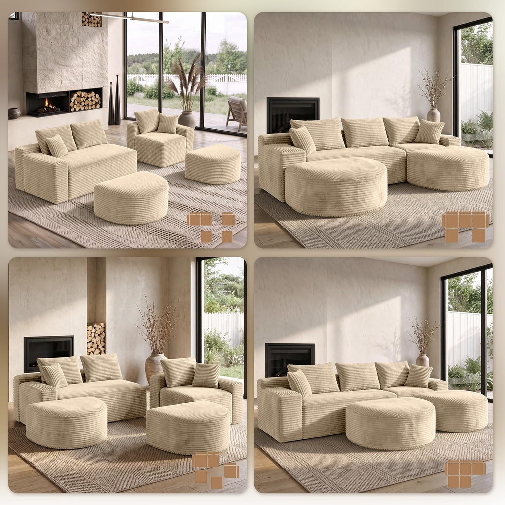 107" U-Shaped Modular Boneless Sectional Sofa with Curved 2 Ottomans, Camel