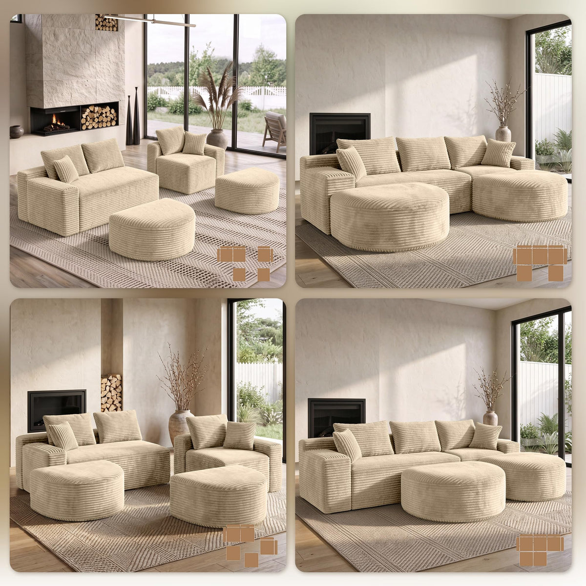 107" U-Shaped Modular Boneless Sectional Sofa with Curved 2 Ottomans, Camel