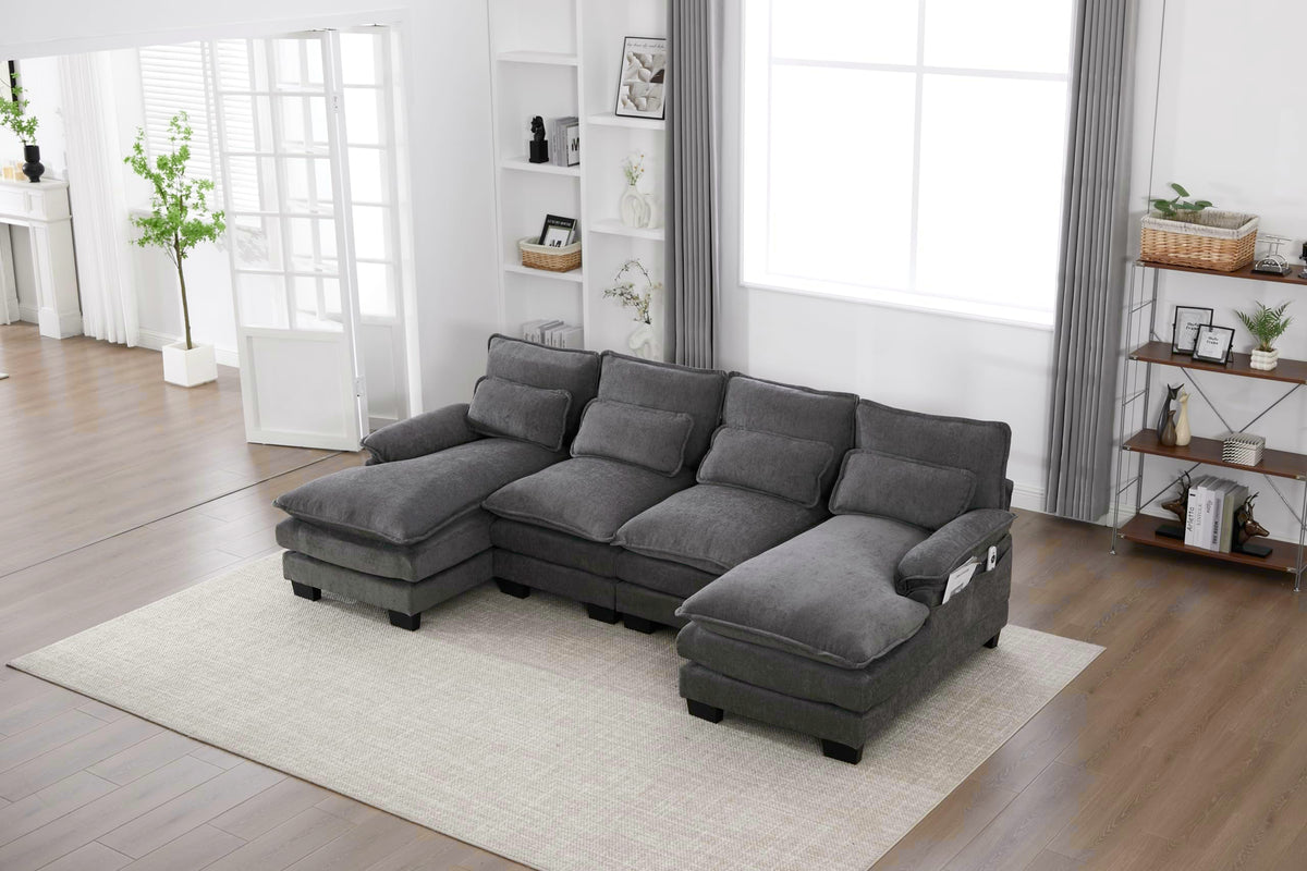 U Shaped Cloud Couch, 110" Chenille Comfy 4 Seat Sectional Couches for Living Room, Modular Sofa Sleeper with Double Chaise Foam for Apartment