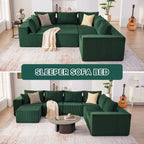 U-Shaped Boneless Couch, Cloud Couch Sectional, Modular Sofa with Deep Seat, Convertible Sectional Couches for Living Room, Plush Corduroy U Shaped Boneless Couch (Green, 6 Seater & 1 Ottoman)