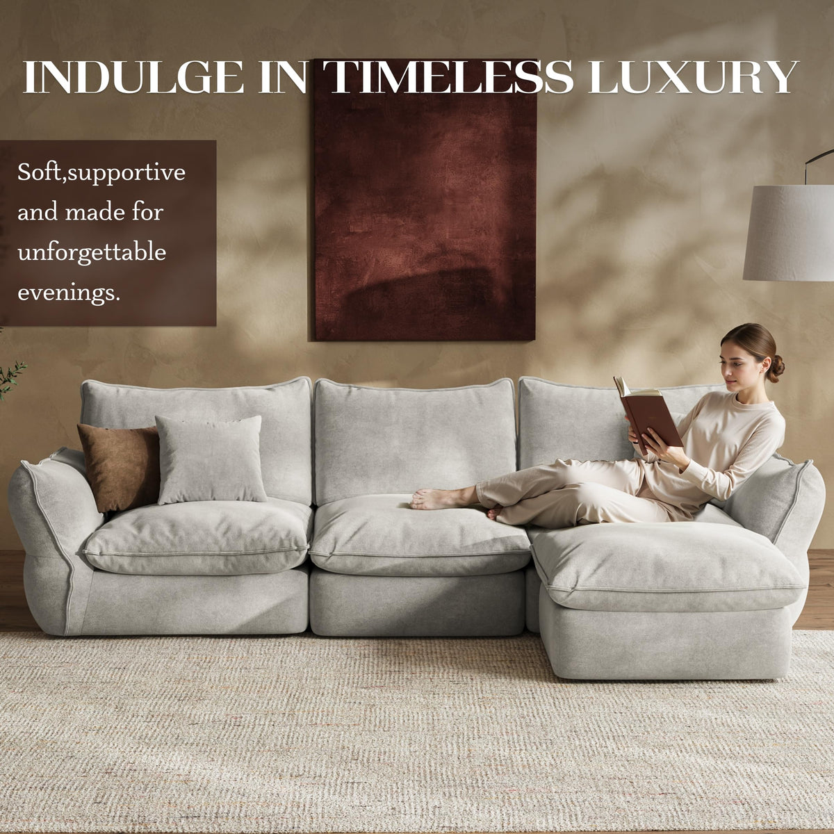 106'' Down Blend L-Shaped Sectional Sofa, Deep Seat Feather-Filled Cushions, Oversized Cloud Couch with Sink-in Comfort, Modern Living Room Sofa – Pebble Gray