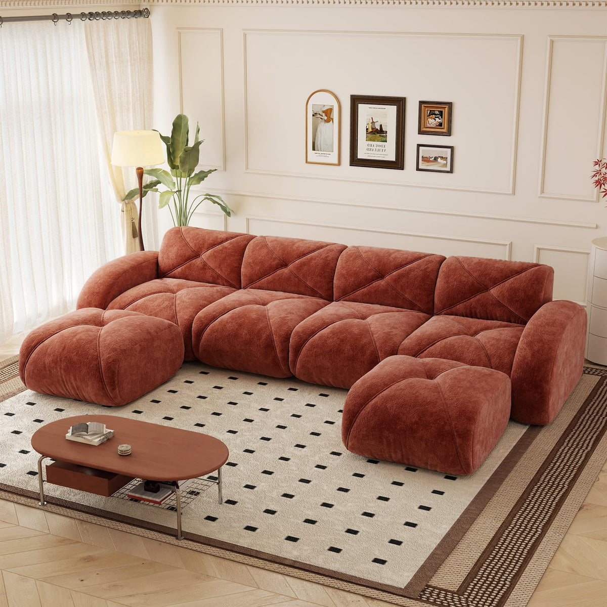 110.6" U Shaped Boneless Couch with Ottoman, Convertible Modular Sectional Cloud Sofa, Deep Seat 5 Seater Velvet Couch, 32D High Density Foam Sofas for Living Room, No Assembly Required, Camel