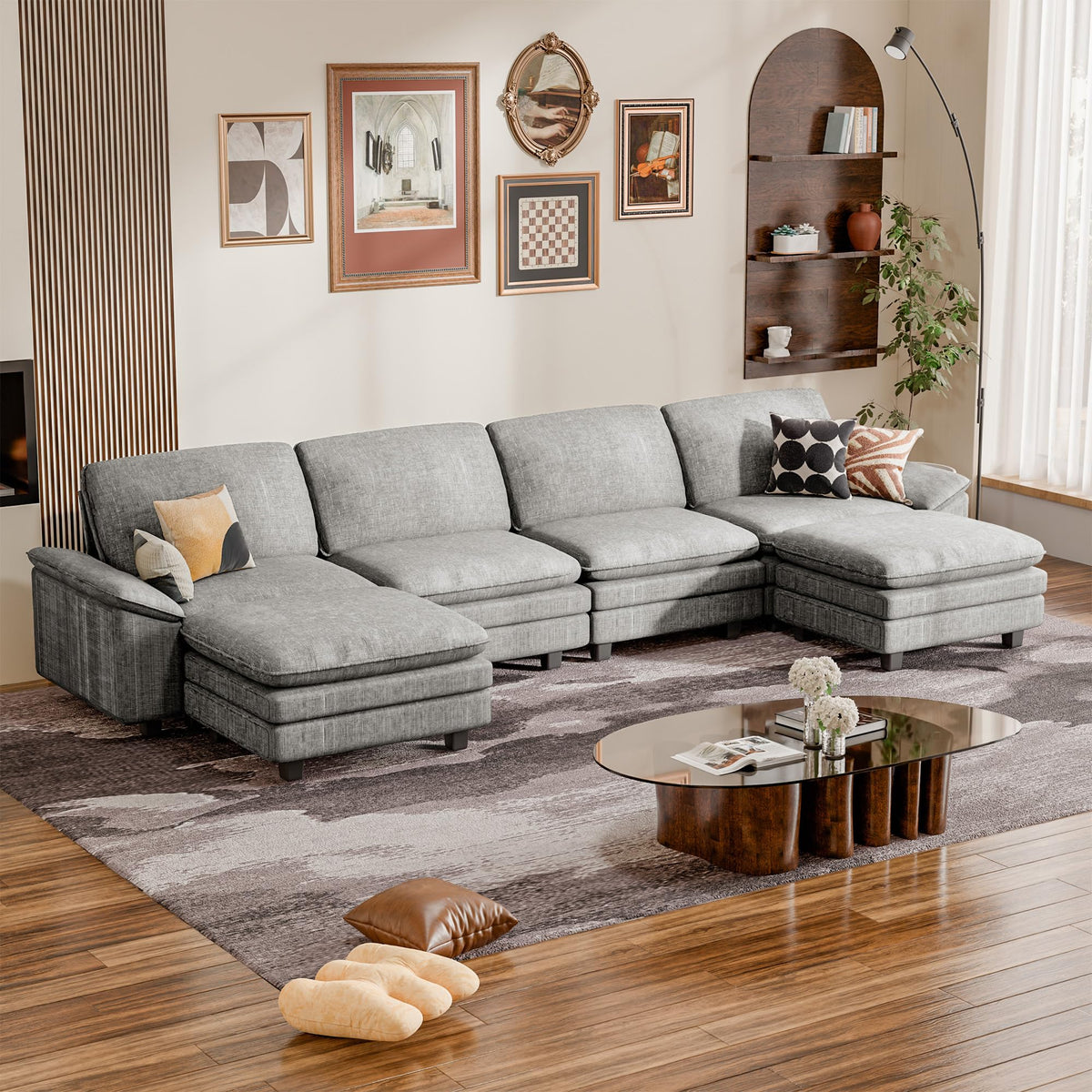 YESHOMY 4-Seat Linear Cloud Modular Sofa, Deep Seat Couch with Ottoman