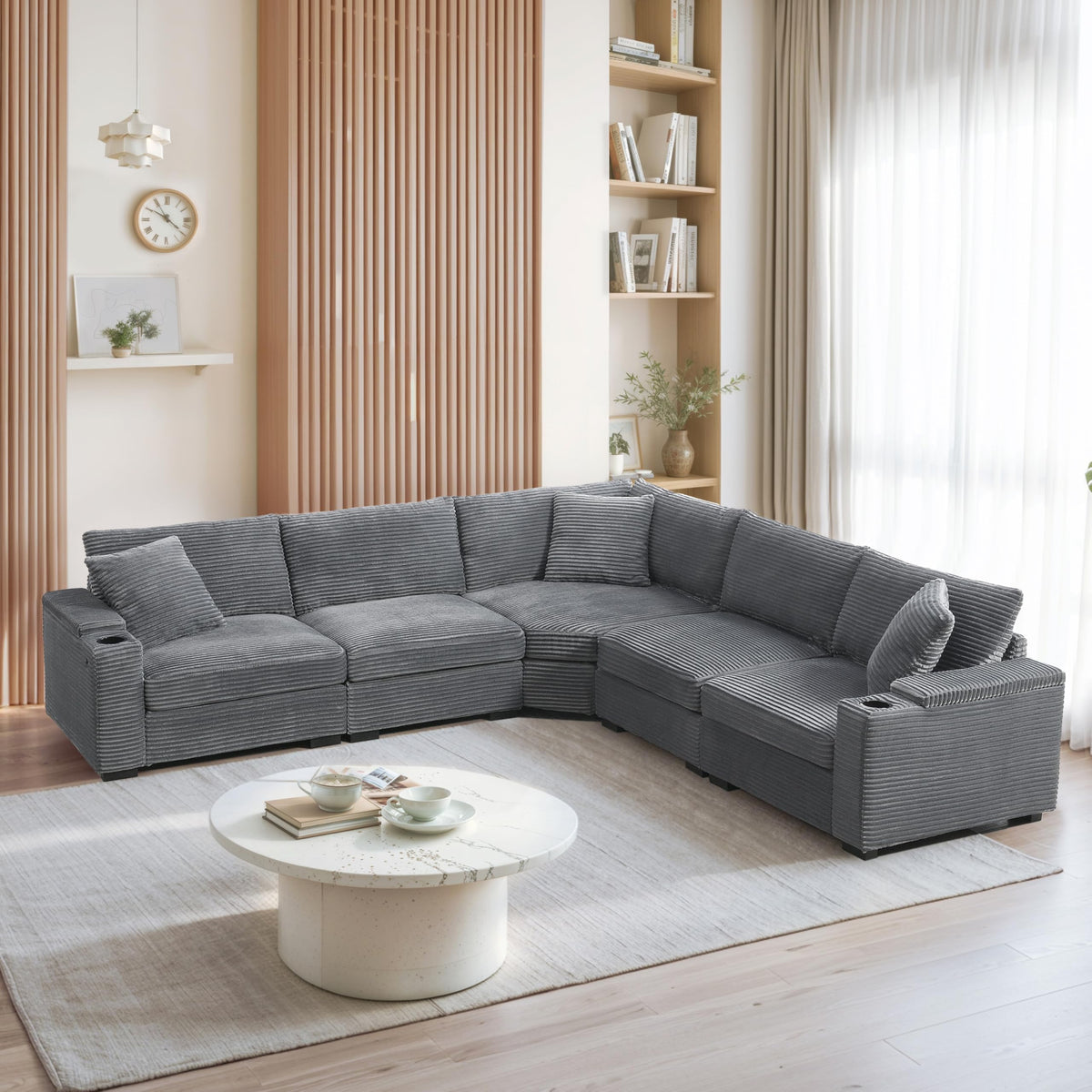 119*67" U Shaped Sectional Sofa,6 Seat Chenille Corner Couch Set with Oversized Chaise Lounge,Irregular Corner, Deep and Wide Seat Comfy Sofa with Cup Holders for Living Room,Apartment (Beige-V33)
