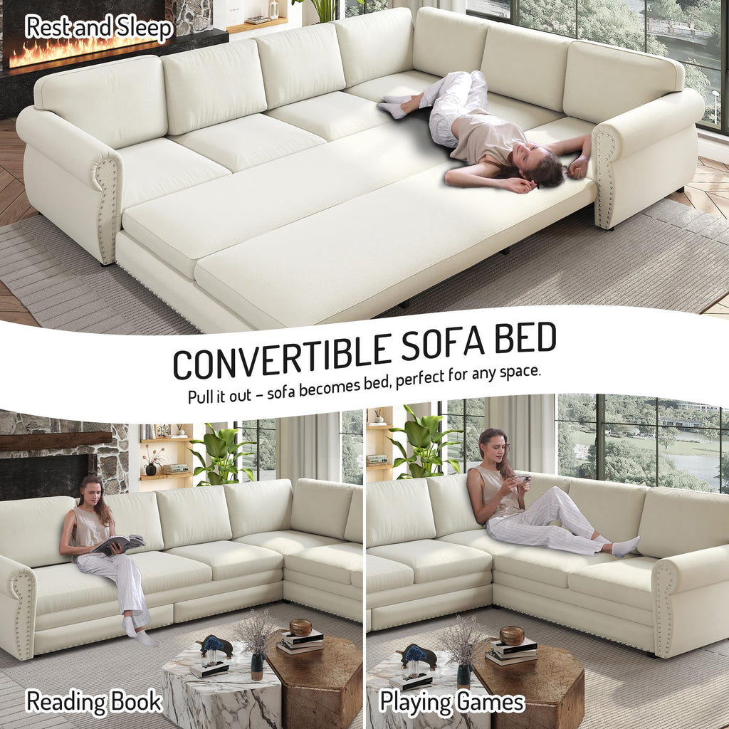 118'' Sectional Sleeper Sofa Bed King Size, Oversized Pull Out Couch, Chenille 6-Seater L-Shape Convertible Sofa with Nailhead Trim, Modern Upholstered Living Room Couches for Apartment, Beige