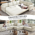 118'' Sectional Sleeper Sofa Bed King Size, Oversized Pull Out Couch, Chenille 6-Seater L-Shape Convertible Sofa with Nailhead Trim, Modern Upholstered Living Room Couches for Apartment, Beige