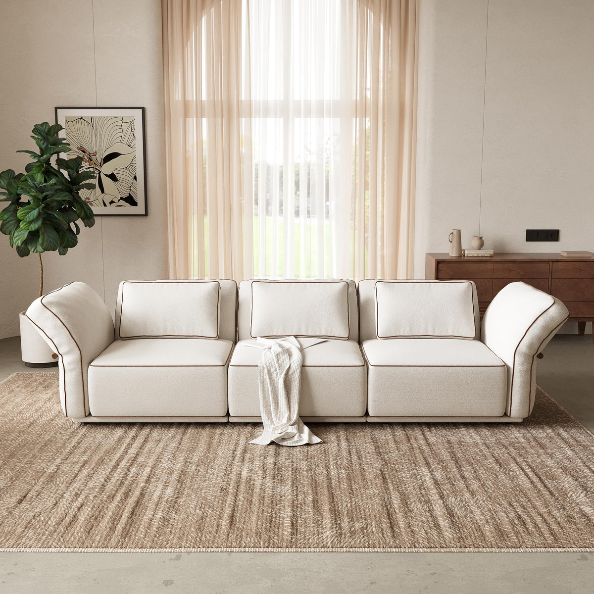 128.3" Modular Boucle Sofa with Ottoman, 3-Seat Sectional Couch, Beige