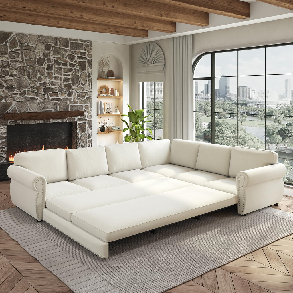 118'' Sectional Sleeper Sofa Bed King Size, Oversized Pull Out Couch, Chenille 6-Seater L-Shape Convertible Sofa with Nailhead Trim, Modern Upholstered Living Room Couches for Apartment, Beige