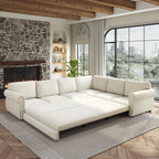 118'' Sectional Sleeper Sofa Bed King Size, Oversized Pull Out Couch, Chenille 6-Seater L-Shape Convertible Sofa with Nailhead Trim, Modern Upholstered Living Room Couches for Apartment, Beige