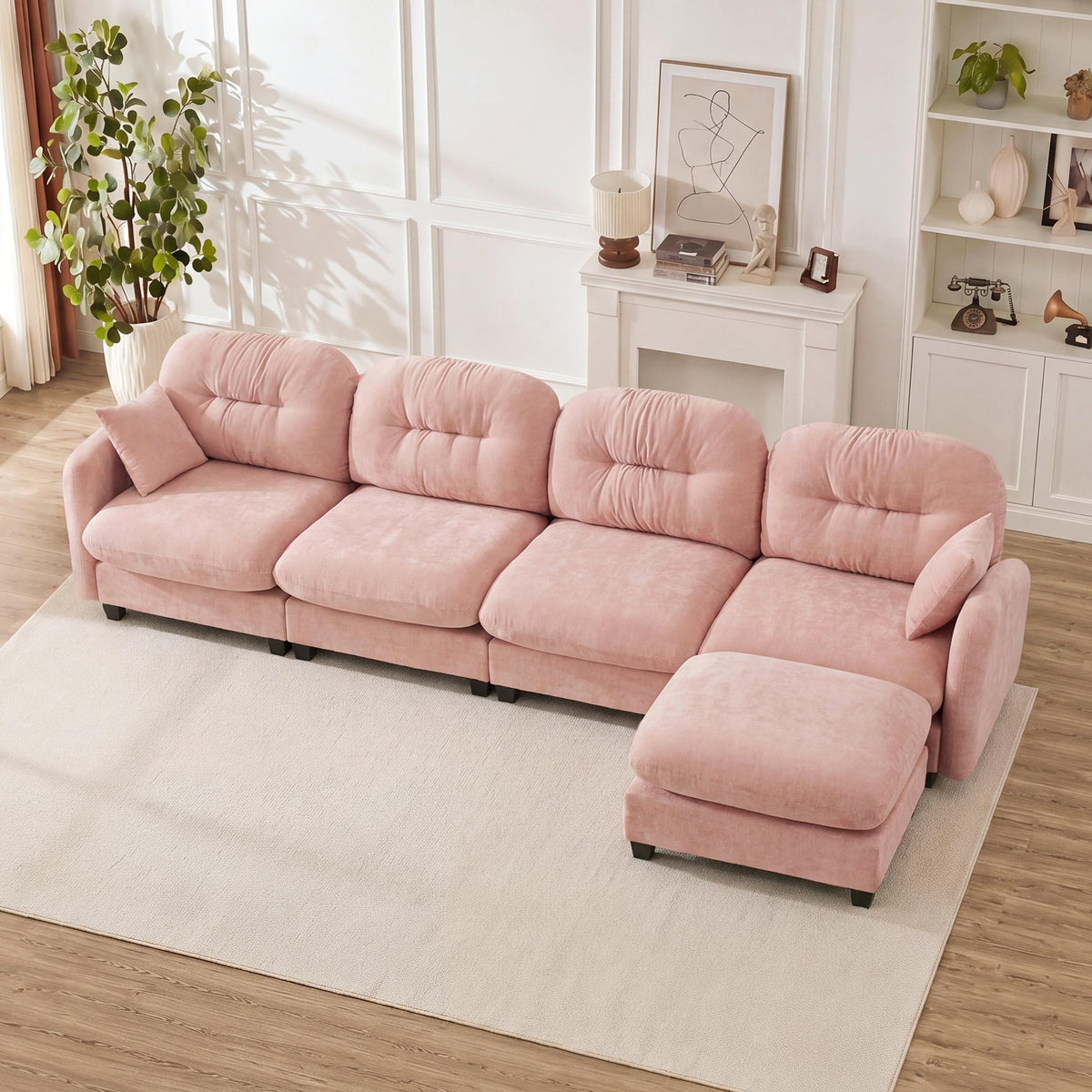107" Modular Sectional Sofa with Ottoman Pink Chenille L Shaped Couch