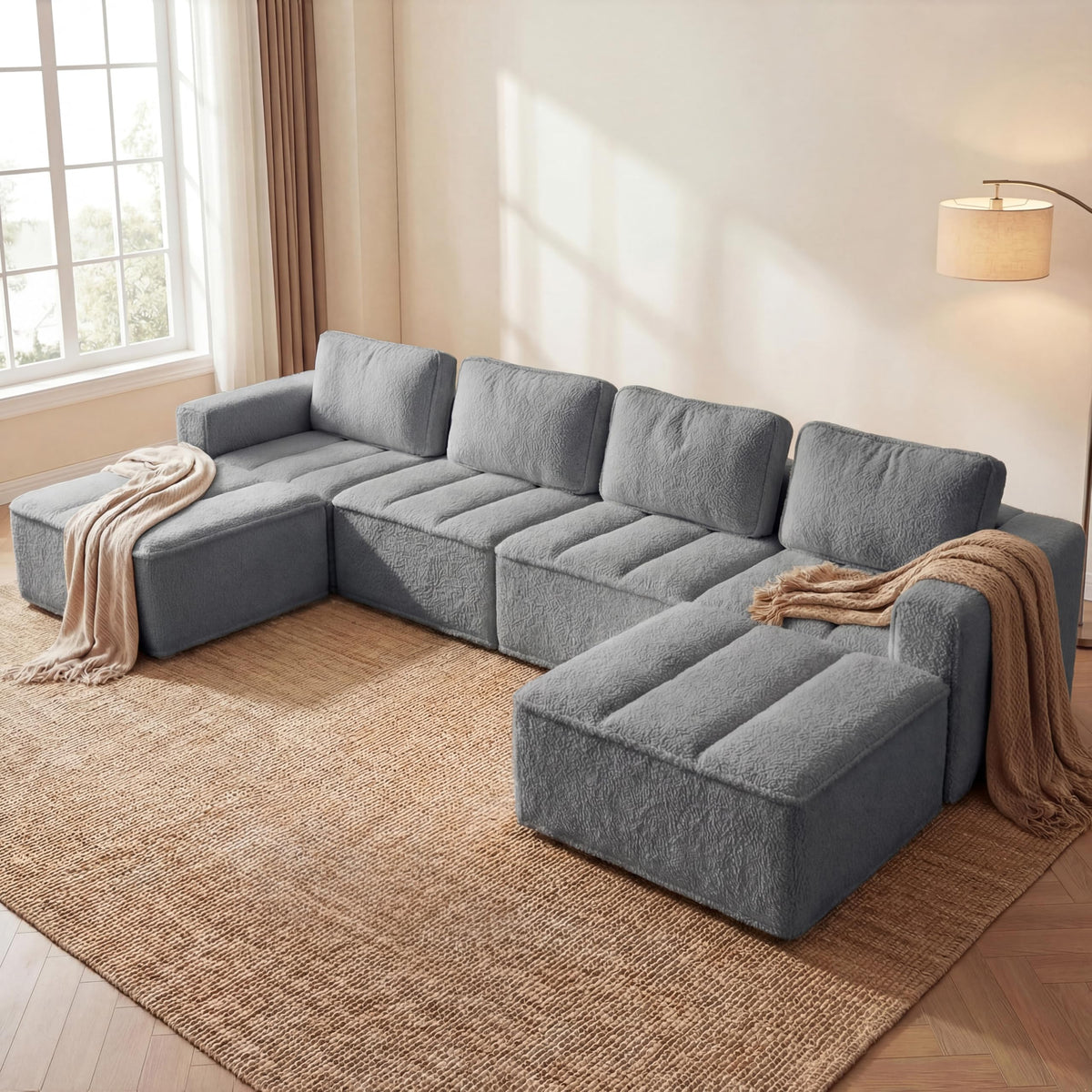 Vipbear 145" U Shaped Modular Sectional Sofa with Ottoman, Boneless Comfy Couch with Layered Cushion, Upholstered Couch in a Box, Flexible Module Combination for Living Room, No Assembly, Grey