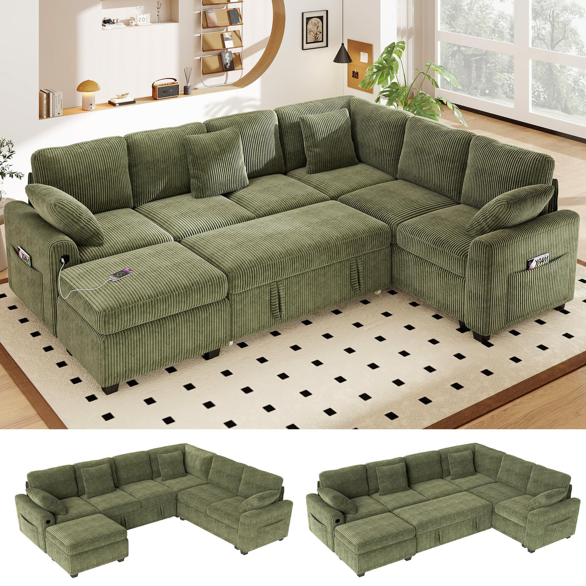 WorthFurni 104" Oversized 6 Seat L Shaped Sectional Sofa, Corduroy Convertible Couch with Pull Out Bed, Movable Storage Ottoman, USB Port, 2 Pillows & Storage Pocket for Living Room（Gray）